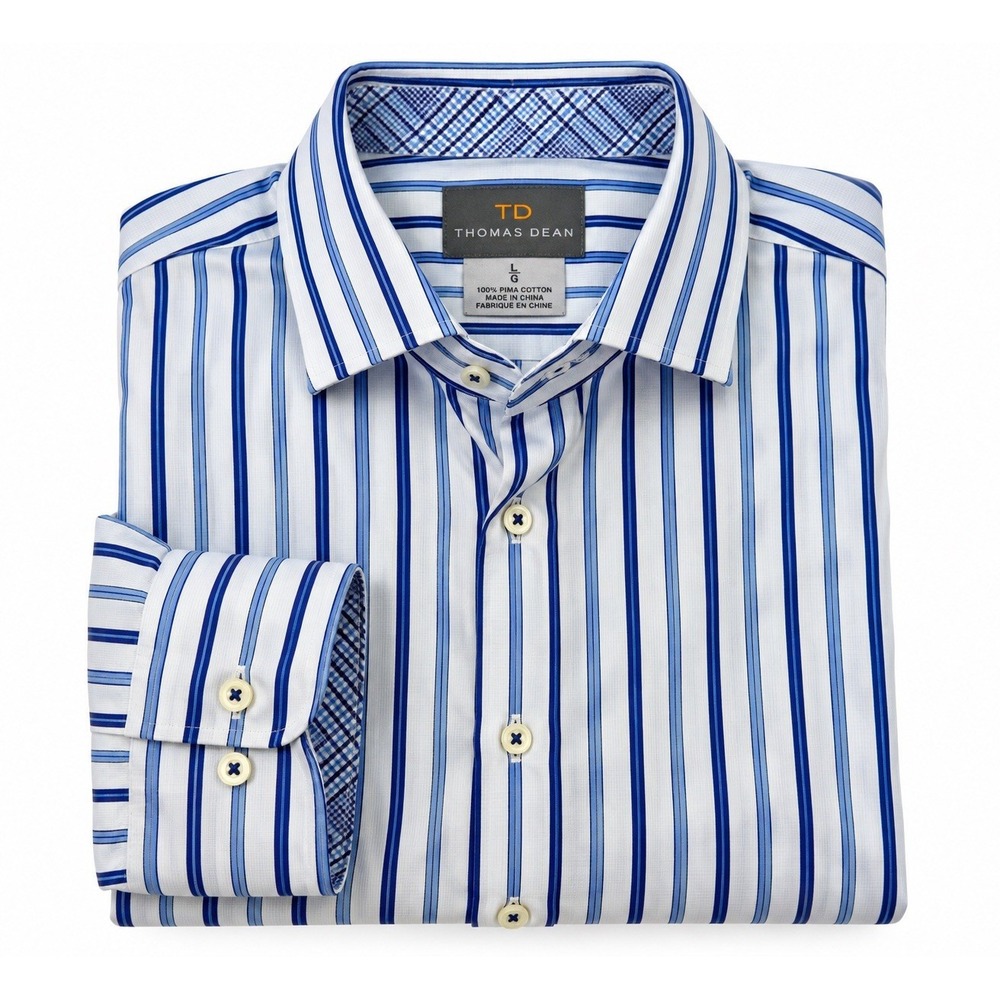 Thomas Dean Shirt Mens L Blue Stripe Pima Cotton Flip Cuff Dress Button Up